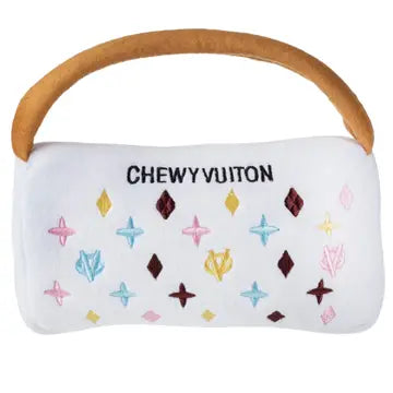 White Chewy Vuiton Purses Squeaker Dog Toy