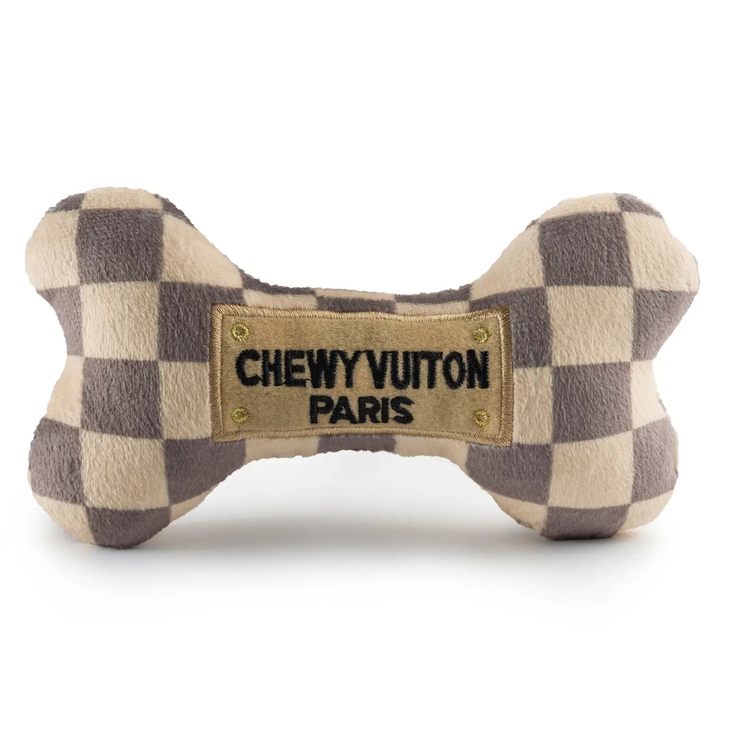 Tan Checker Chewy Vuiton Bones Squeaker Dog Toy