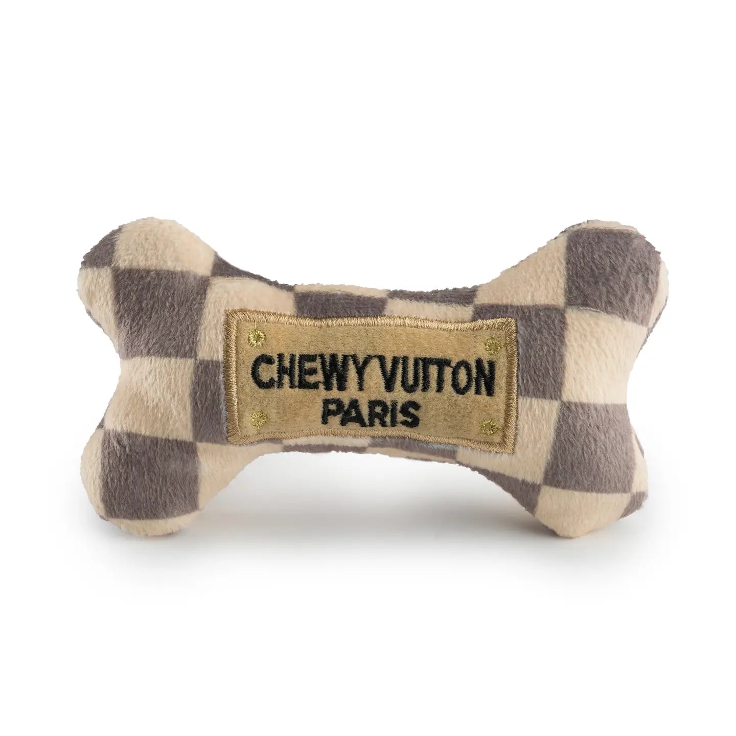 Tan Checker Chewy Vuiton Bones Squeaker Dog Toy