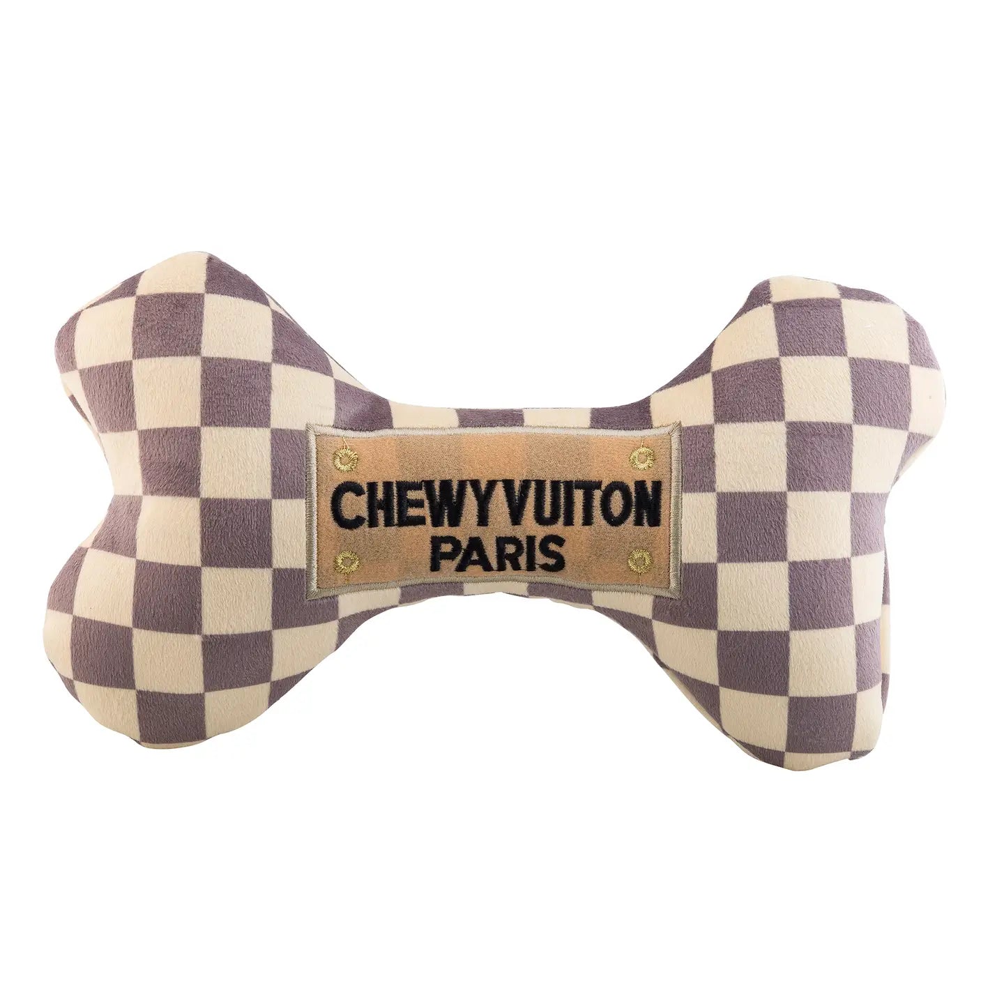 Tan Checker Chewy Vuiton Bones Squeaker Dog Toy